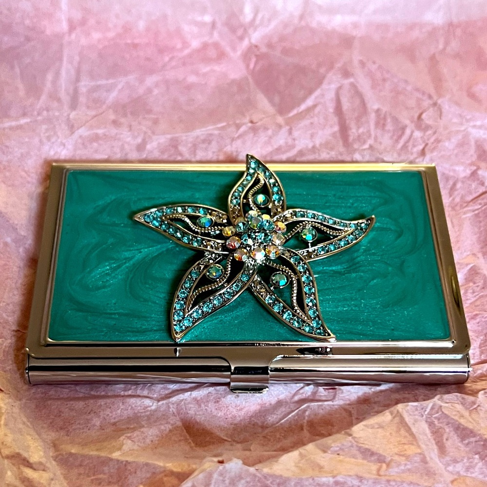 Spring Street Silver Tone Green Business Card Holder With Jeweled Starfish